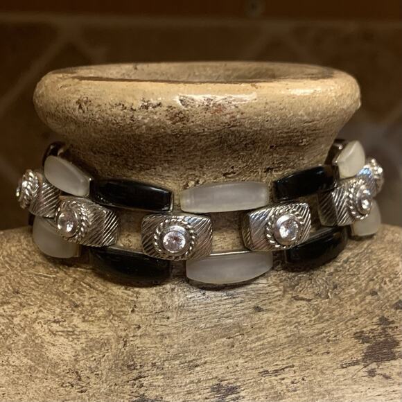 Judith Ripka Bracelet Sterling Silver, Black Onyx, MOP, and CZ Hinged 7.75 Inch - Picture 2 of 11
